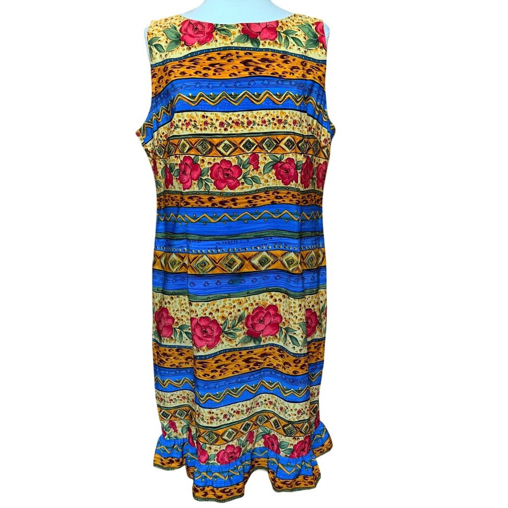 Sag Harbor Sleeveless Midi Sheath Dress Bright Floral‎ & Geometric Ruffle Sz 18